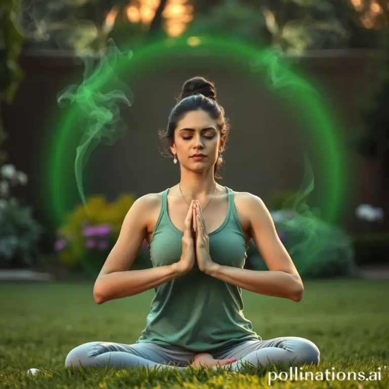 Person meditating in a garden at sunrise with smoke dissipating and a green aura.
