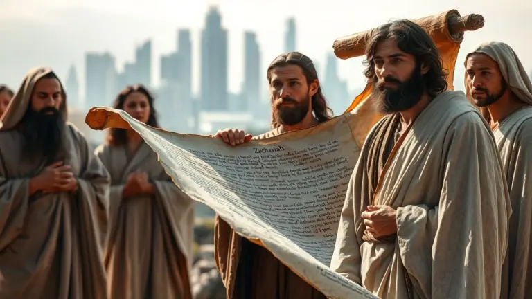 Ancient scroll with Zechariah's words, biblical figures, and blurred modern city.