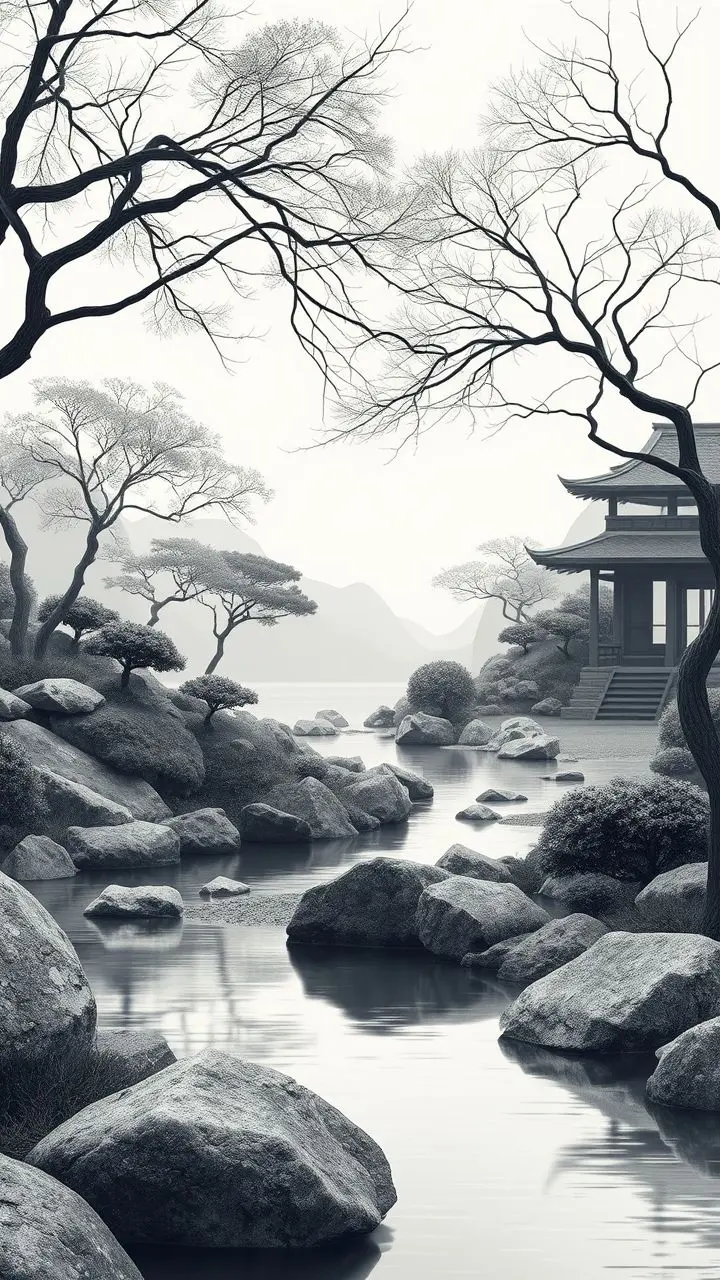 Minimalist garden scene with rockery, river, and fireflies.