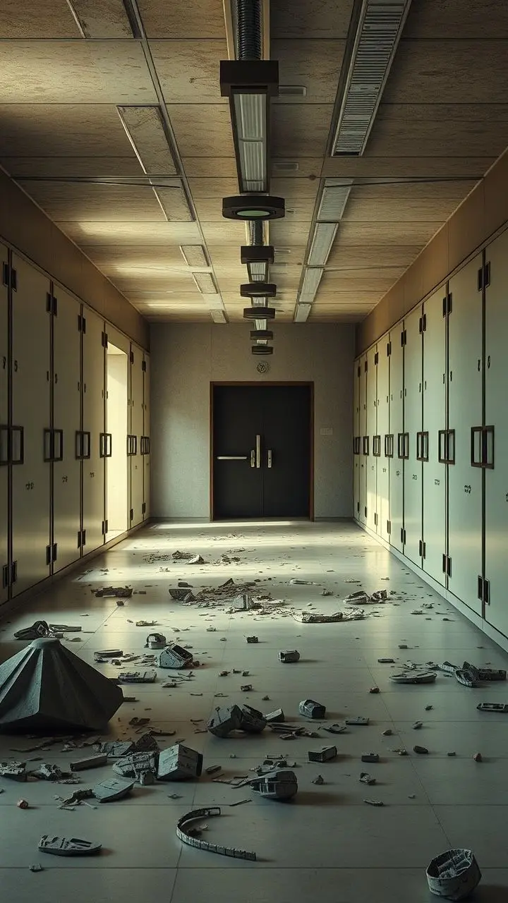 Zen military barracks with muted colors and retro-futuristic lighting.