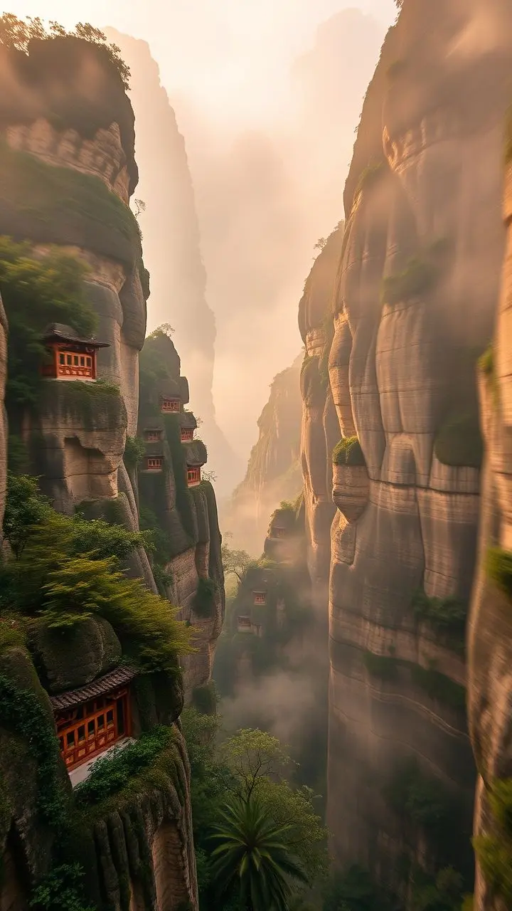 Misty sandstone pillars of Zhangjiajie with swirling golden liquor.