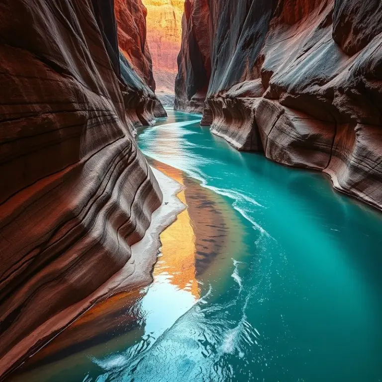 Panoramic view of Zion Narrows river canyon with sunlight and reflections.