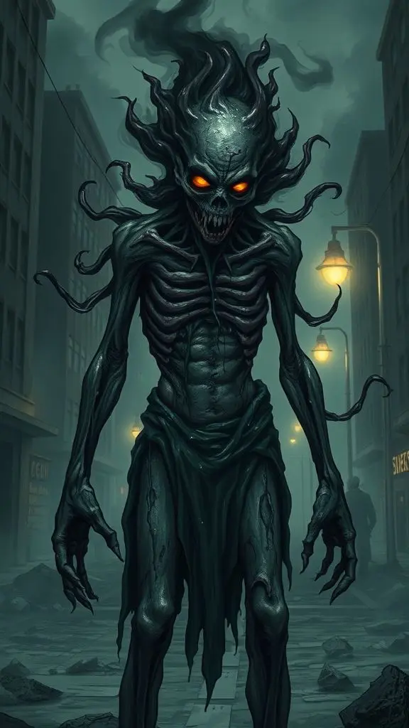 Zombie with black slime and flames in a dark city.
