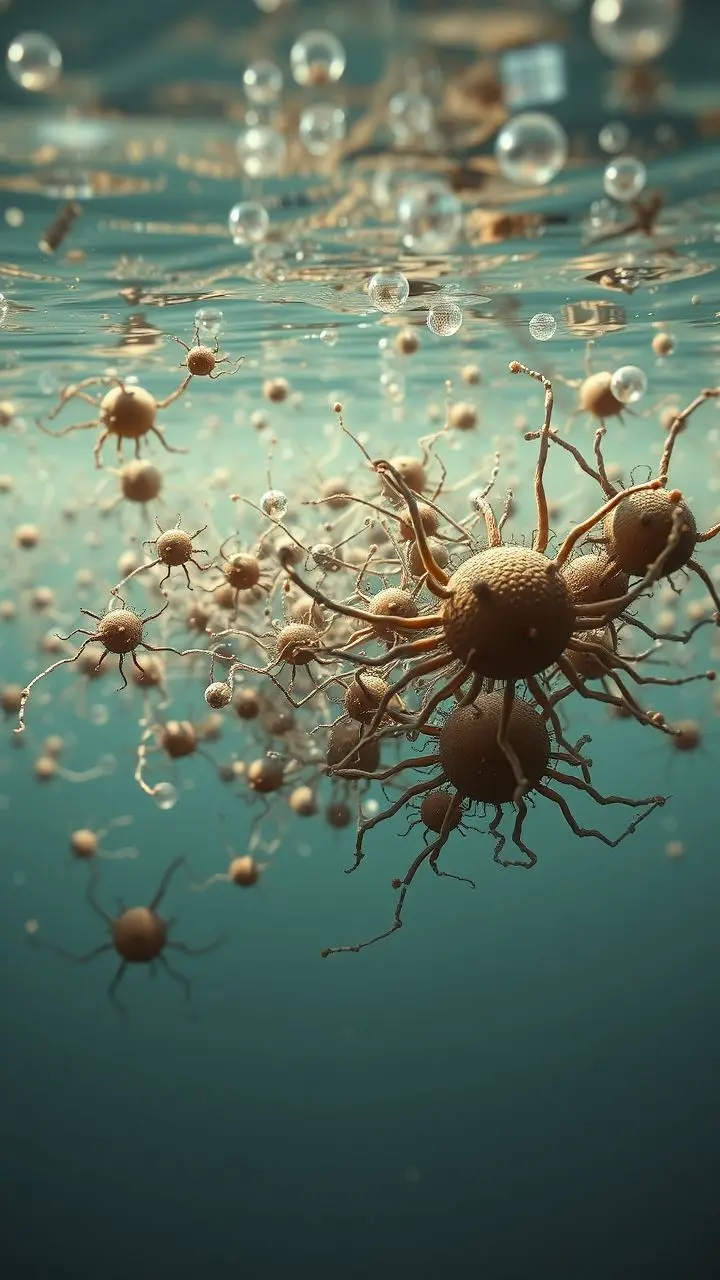 Neural art depiction of a zooplankton swarm with steampunk elements and realistic light.