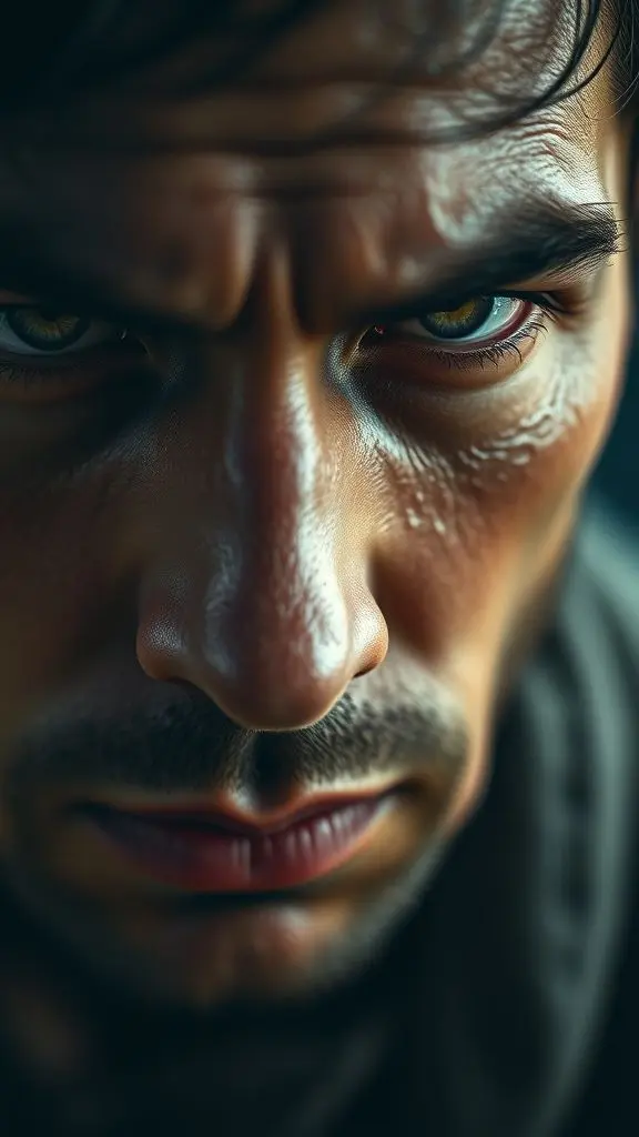 Close-up portrait of Zés with sweat on his brow and determined eyes.