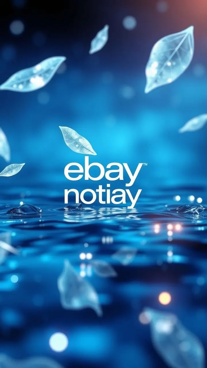 eBay logo with 'notify' text on a modern water background with transparent leaves and holographic sheen.